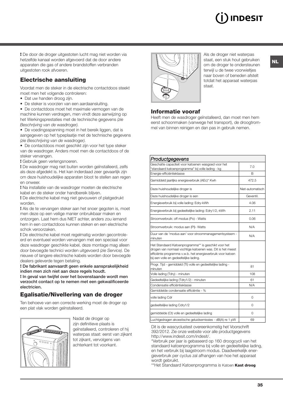 Electrische aansluiting, Egalisatie/nivellering van de droger, Informatie vooraf | Productgegevens | Indesit IDVA 835 User Manual | Page 35 / 64