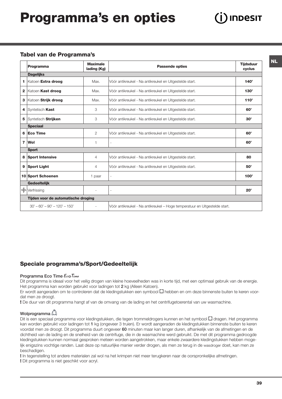 Programma’s en opties | Indesit IDVA 835 User Manual | Page 39 / 64