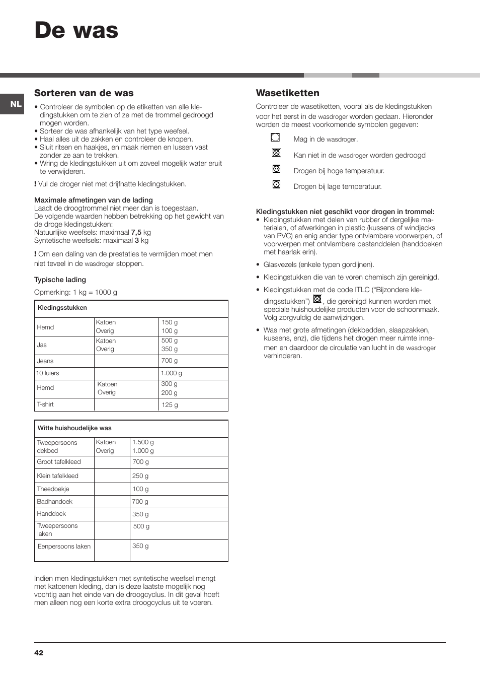 De was, Sorteren van de was, Wasetiketten | Indesit IDVA 835 User Manual | Page 42 / 64