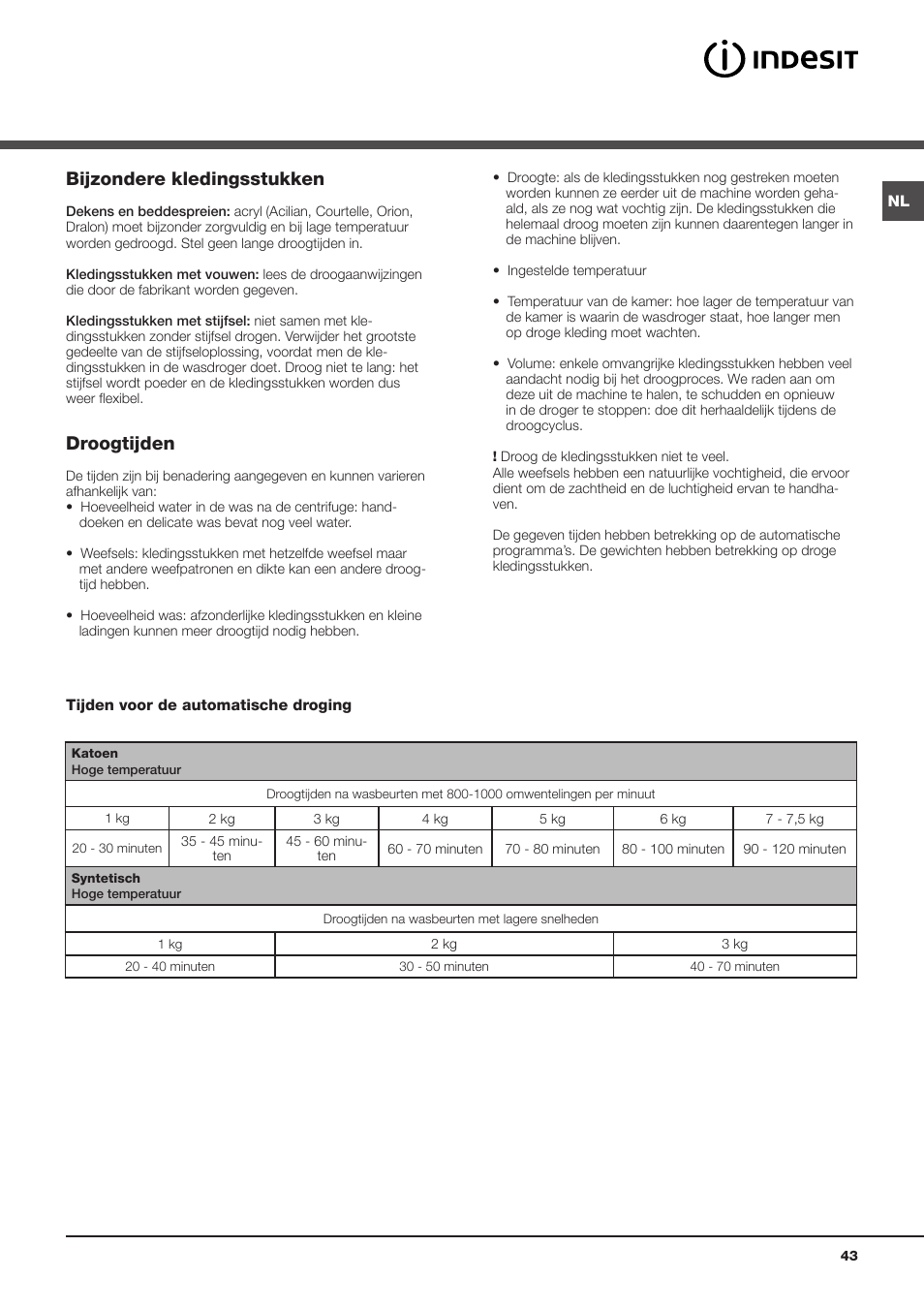 Bijzondere kledingsstukken, Droogtijden | Indesit IDVA 835 User Manual | Page 43 / 64