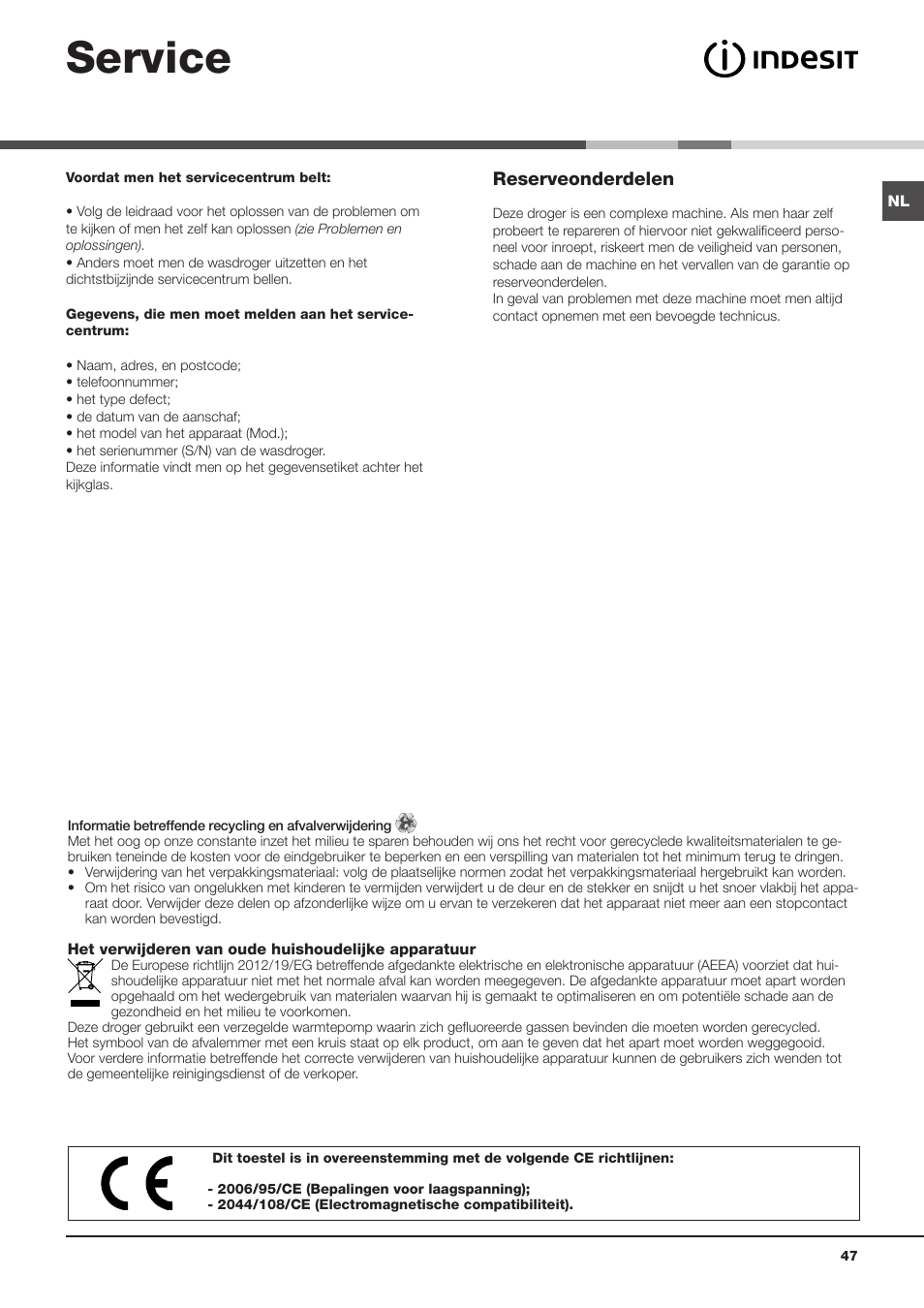 Service, Reserveonderdelen | Indesit IDVA 835 User Manual | Page 47 / 64