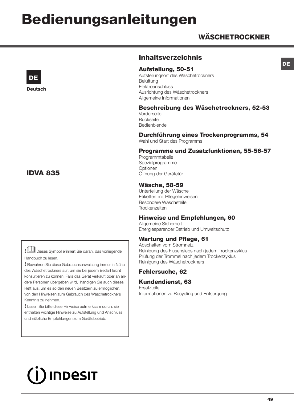 Indesit IDVA 835 User Manual | Page 49 / 64