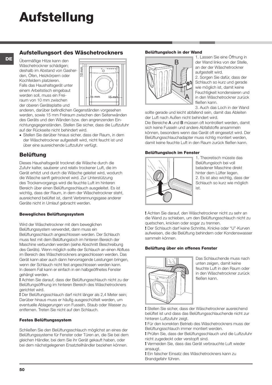 Aufstellung, Aufstellungsort des wäschetrockners, Belüftung | Indesit IDVA 835 User Manual | Page 50 / 64