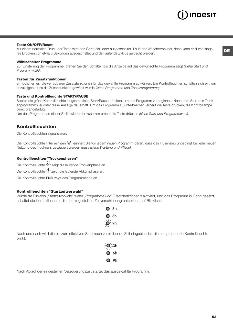 Kontrollleuchten | Indesit IDVA 835 User Manual | Page 53 / 64