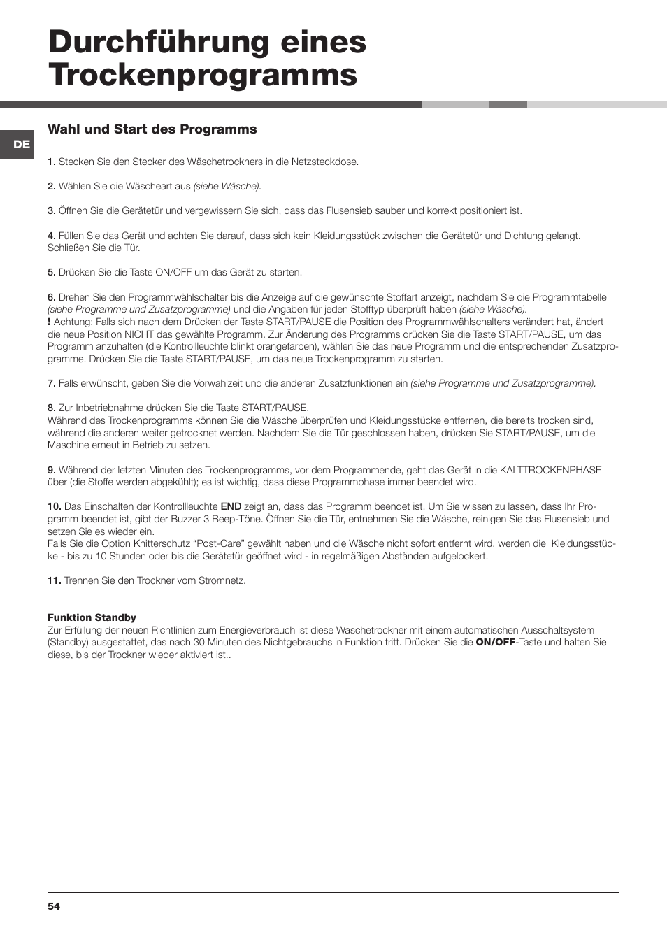 Durchführung eines trockenprogramms | Indesit IDVA 835 User Manual | Page 54 / 64