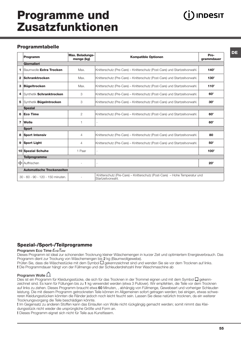 Programme und zusatzfunktionen, Programmtabelle spezial-/sport-/teilprogramme | Indesit IDVA 835 User Manual | Page 55 / 64