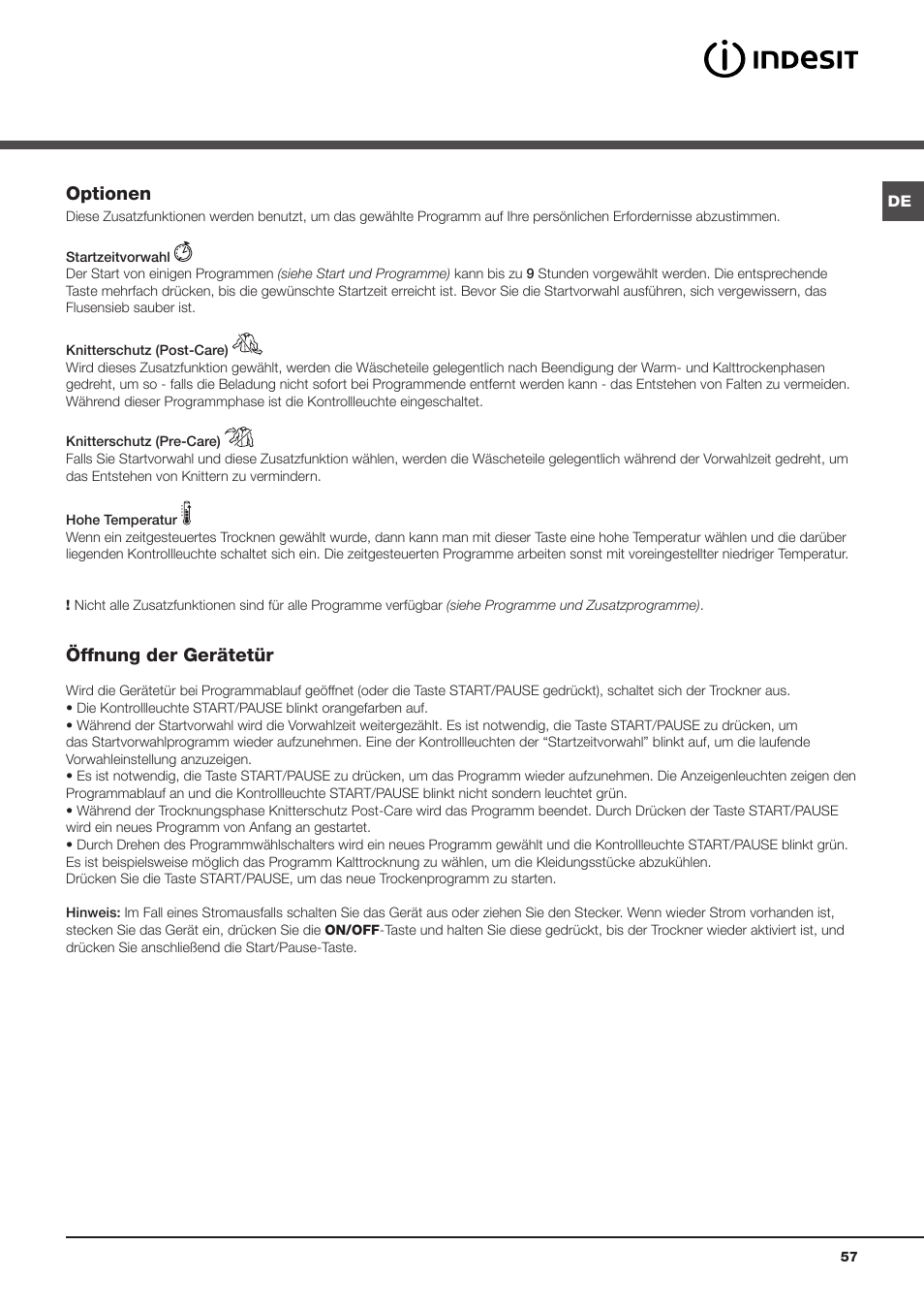Optionen, Öffnung der gerätetür | Indesit IDVA 835 User Manual | Page 57 / 64