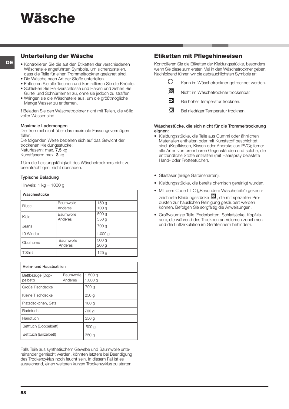 Wäsche, Unterteilung der wäsche, Etiketten mit pflegehinweisen | Indesit IDVA 835 User Manual | Page 58 / 64