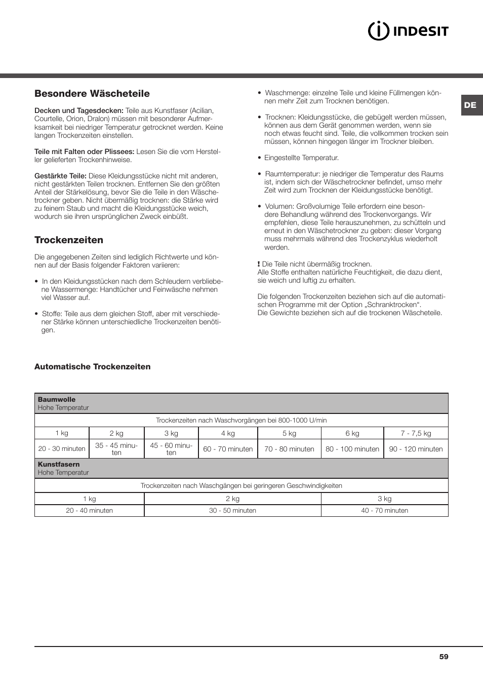 Besondere wäscheteile, Trockenzeiten | Indesit IDVA 835 User Manual | Page 59 / 64