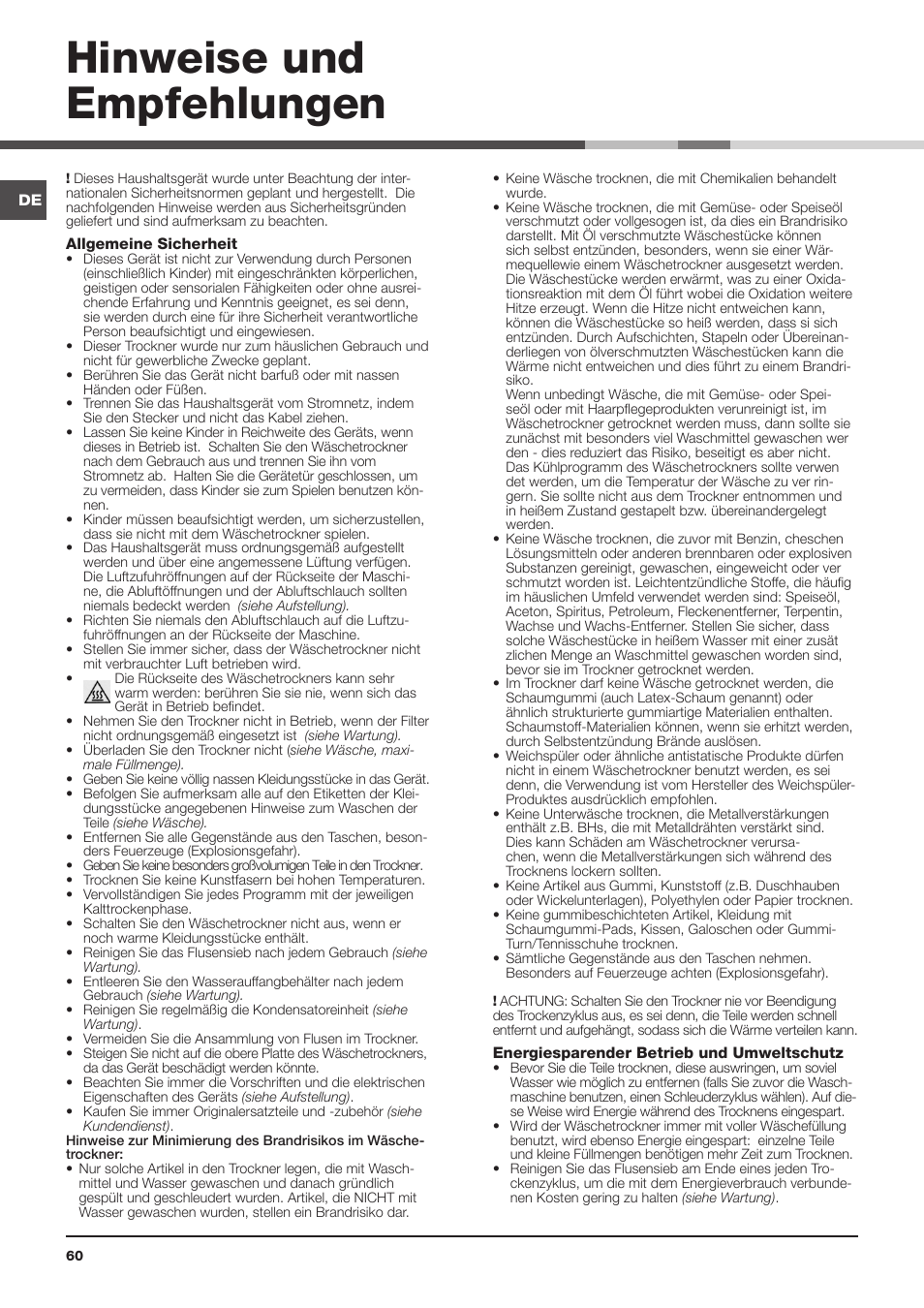 Hinweise und empfehlungen | Indesit IDVA 835 User Manual | Page 60 / 64