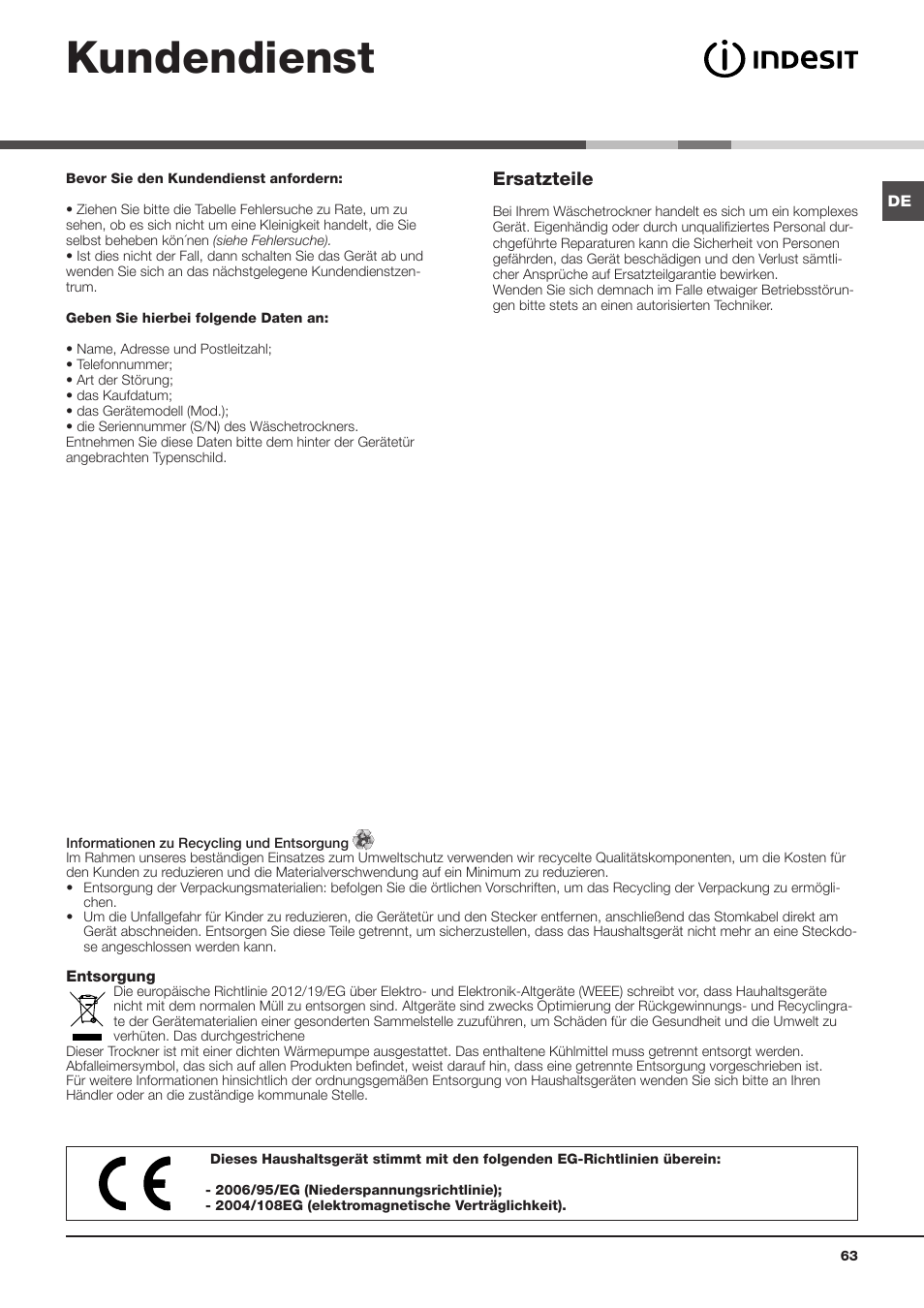 Kundendienst, Ersatzteile | Indesit IDVA 835 User Manual | Page 63 / 64
