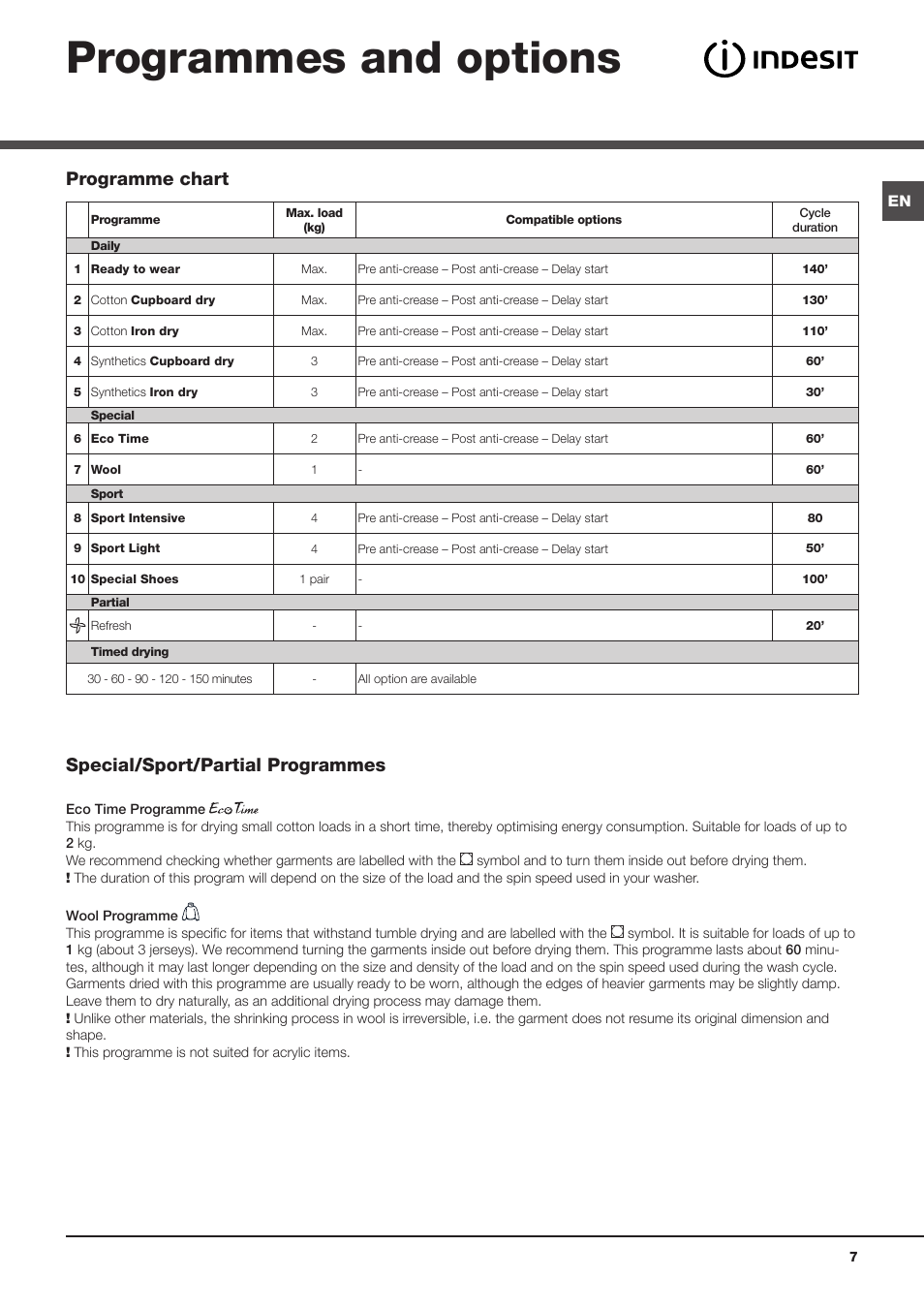 Programmes and options, Programme chart special/sport/partial programmes | Indesit IDVA 835 User Manual | Page 7 / 64
