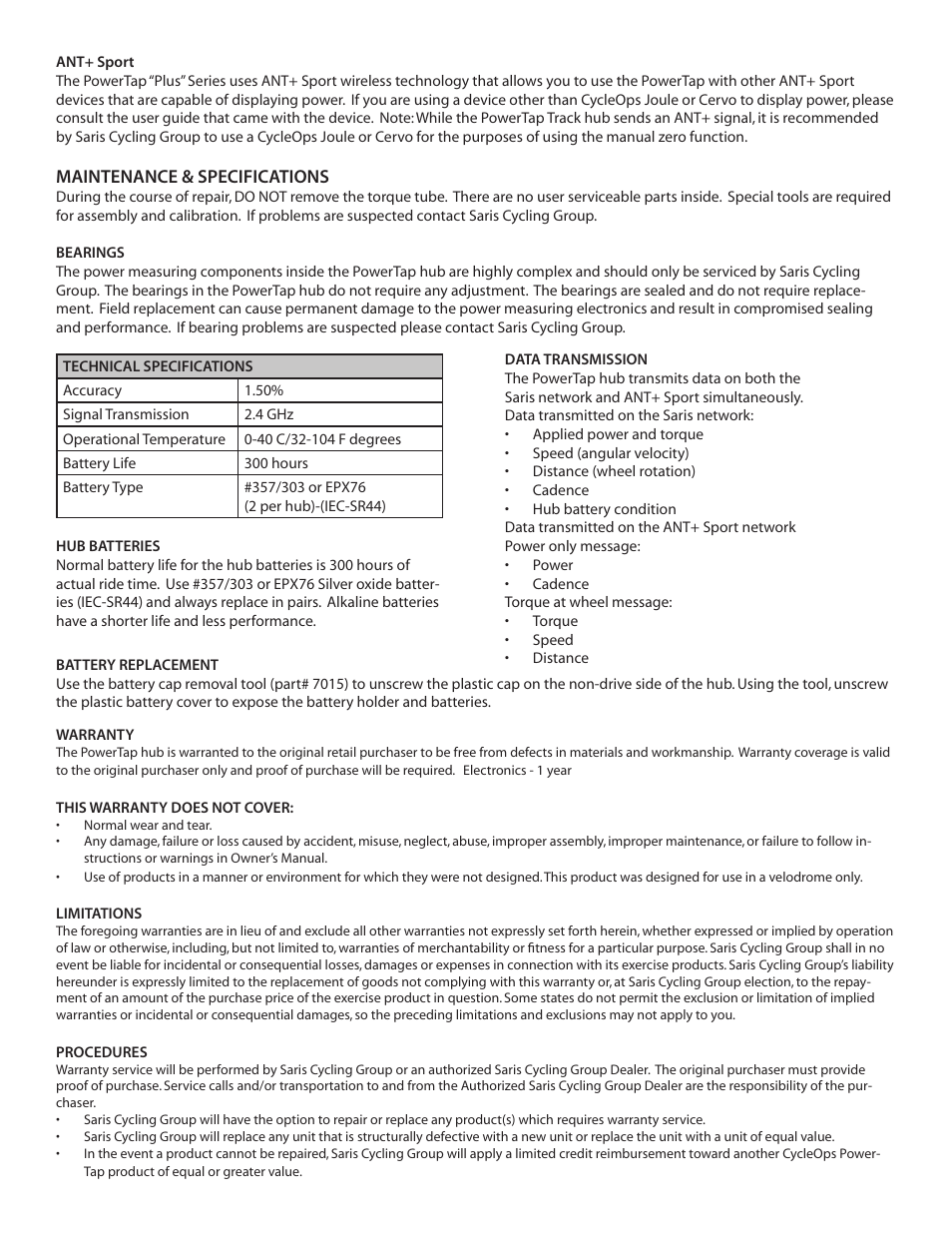 PowerTap SL+ Track Hub User Manual | Page 2 / 3