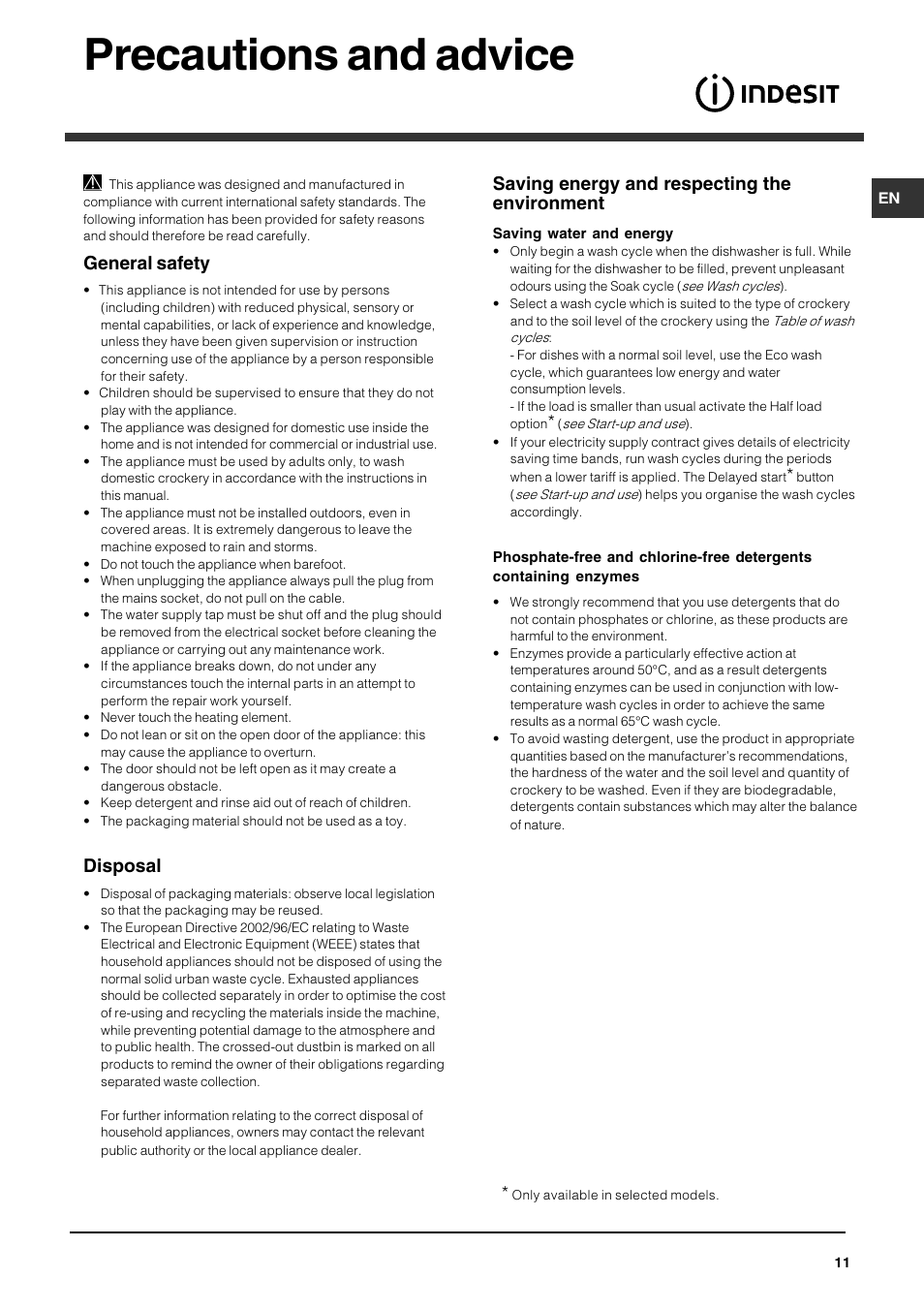 Precautions and advice, General safety, Disposal | Saving energy and respecting the environment | Indesit DFG 262 User Manual | Page 11 / 84