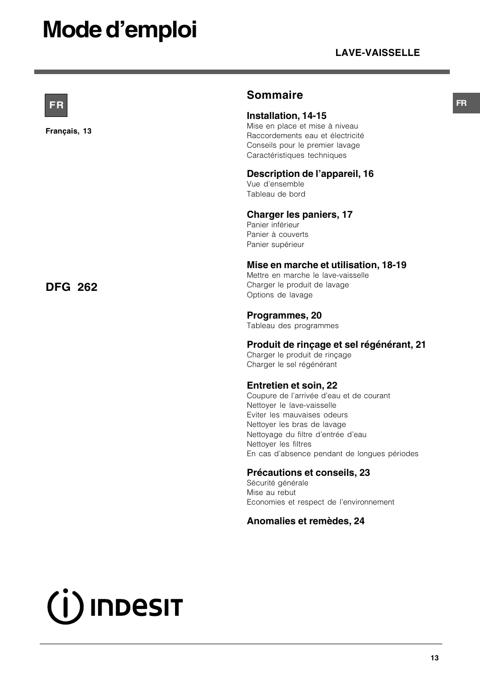 Mode demploi, Sommaire, Dfg 262 | Indesit DFG 262 User Manual | Page 13 / 84