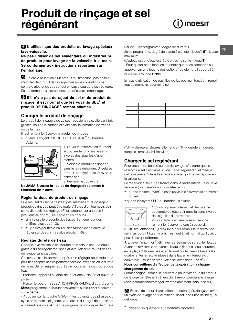 Produit de rinçage et sel régénérant, Charger le produit de rinçage, Charger le sel régénérant | Indesit DFG 262 User Manual | Page 21 / 84