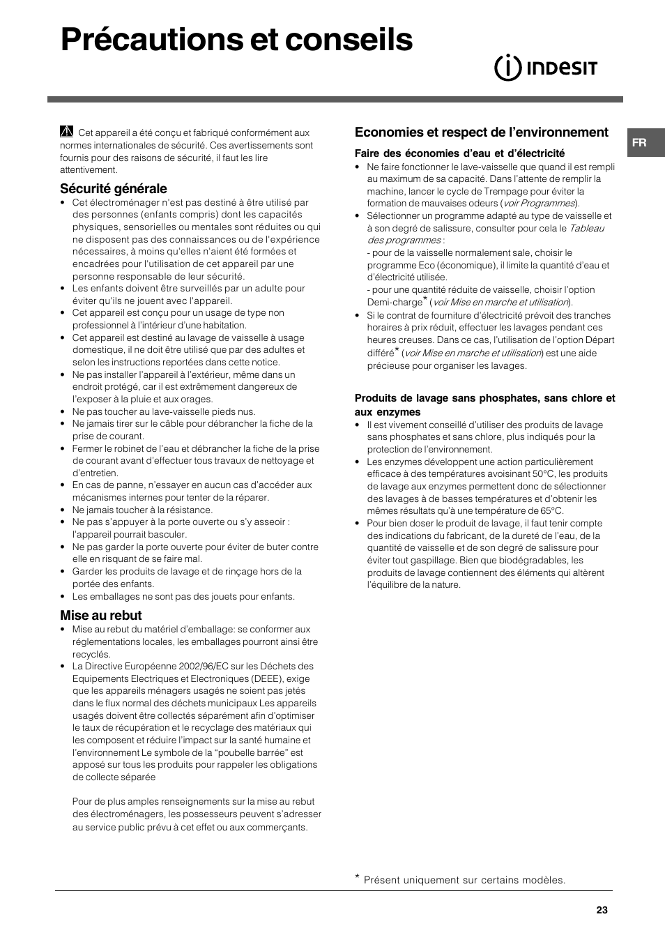 Précautions et conseils, Sécurité générale, Mise au rebut | Economies et respect de lenvironnement | Indesit DFG 262 User Manual | Page 23 / 84