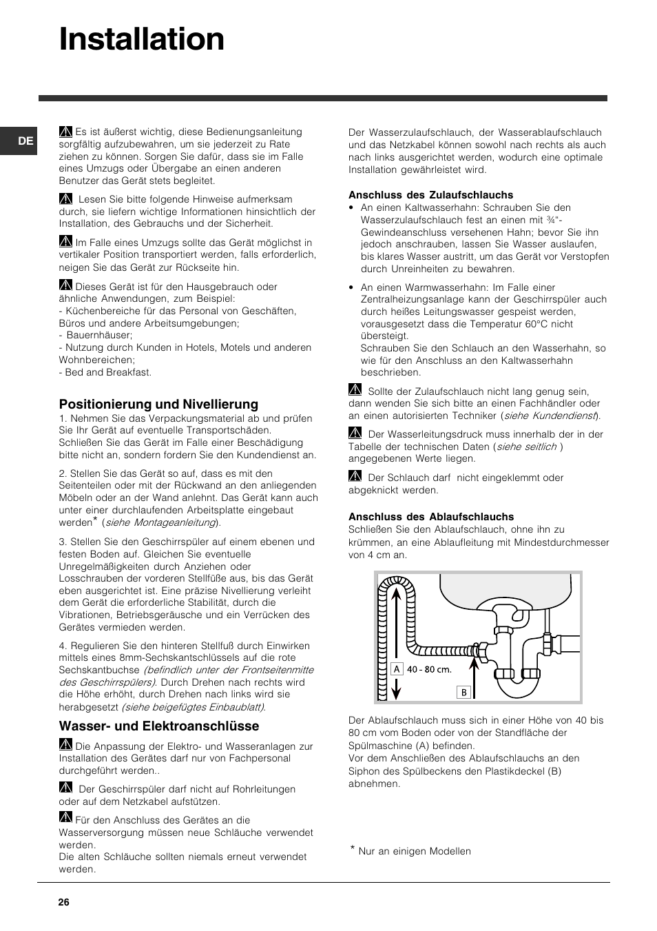 Installation, Positionierung und nivellierung, Wasser- und elektroanschlüsse | Indesit DFG 262 User Manual | Page 26 / 84