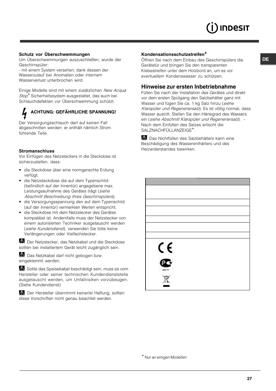 Hinweise zur ersten inbetriebnahme | Indesit DFG 262 User Manual | Page 27 / 84