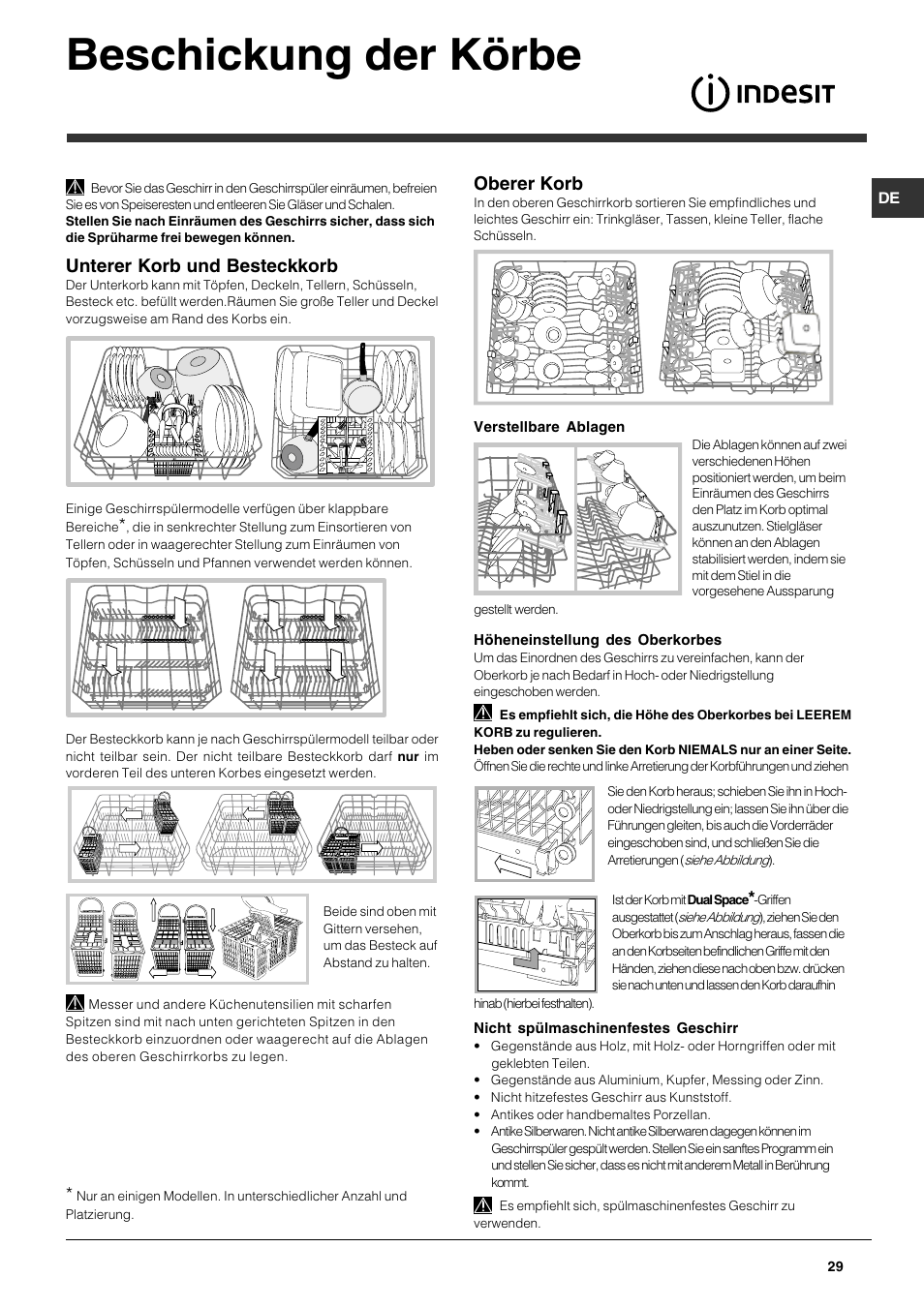 Beschickung der körbe, Unterer korb und besteckkorb, Oberer korb | Indesit DFG 262 User Manual | Page 29 / 84