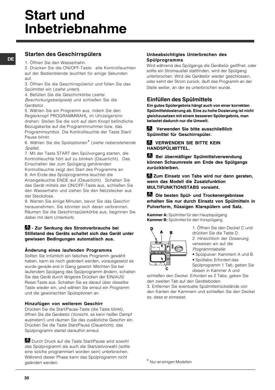 Start und inbetriebnahme, Einfüllen des spülmittels, Starten des geschirrspülers | Indesit DFG 262 User Manual | Page 30 / 84