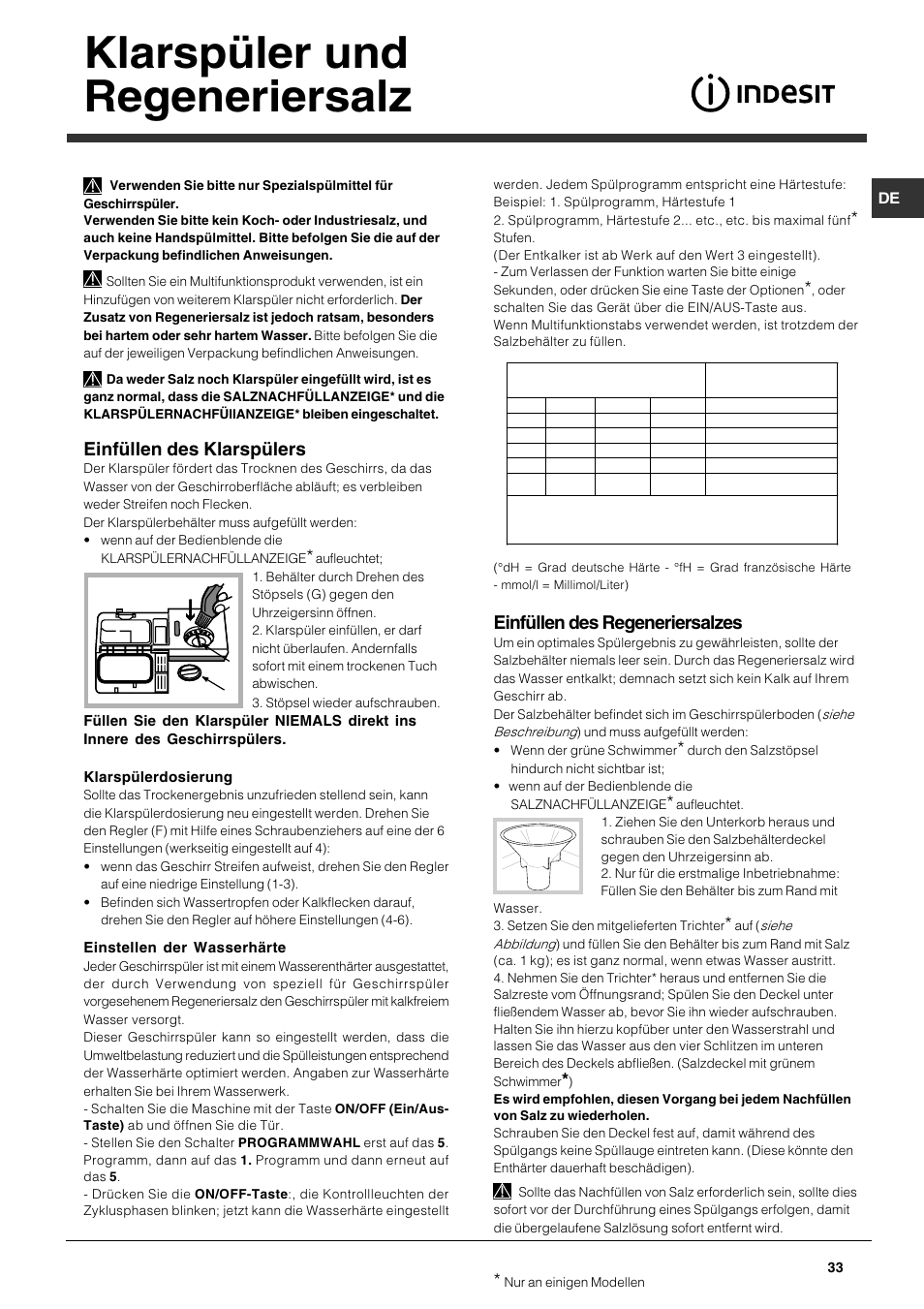 Klarspüler und regeneriersalz, Einfüllen des klarspülers, Einfüllen des regeneriersalzes | Indesit DFG 262 User Manual | Page 33 / 84