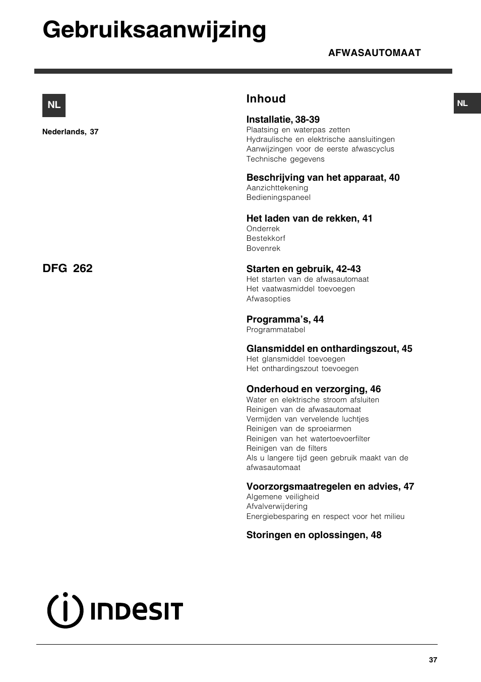 Gebruiksaanwijzing, Inhoud, Dfg 262 | Indesit DFG 262 User Manual | Page 37 / 84