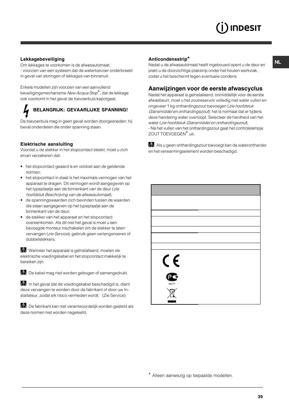 Aanwijzingen voor de eerste afwascyclus | Indesit DFG 262 User Manual | Page 39 / 84