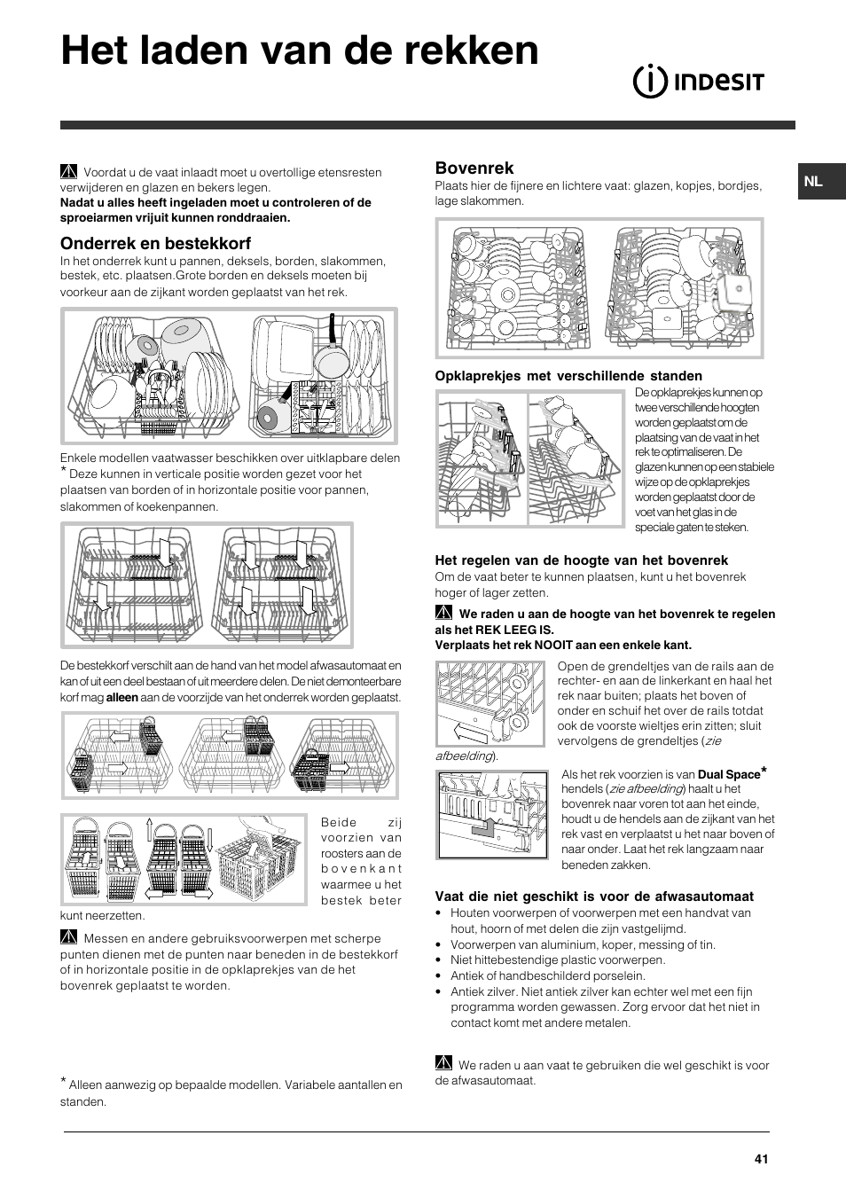 Het laden van de rekken, Onderrek en bestekkorf, Bovenrek | Indesit DFG 262 User Manual | Page 41 / 84