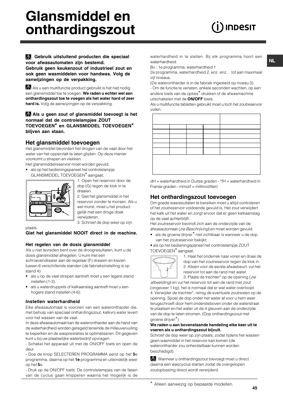 Glansmiddel en onthardingszout, Het glansmiddel toevoegen, Het onthardingszout toevoegen | Indesit DFG 262 User Manual | Page 45 / 84