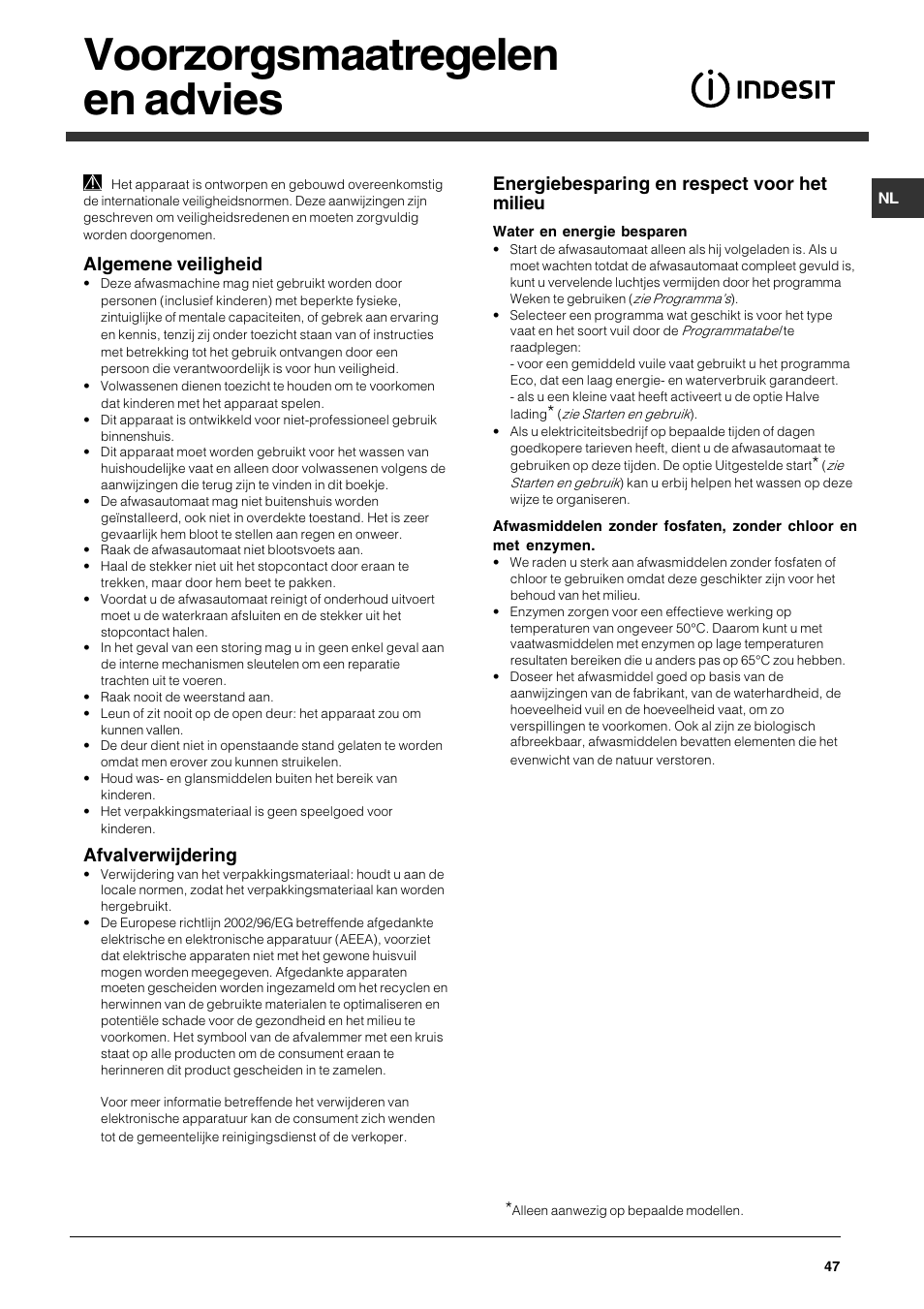 Voorzorgsmaatregelen en advies, Algemene veiligheid, Afvalverwijdering | Energiebesparing en respect voor het milieu | Indesit DFG 262 User Manual | Page 47 / 84