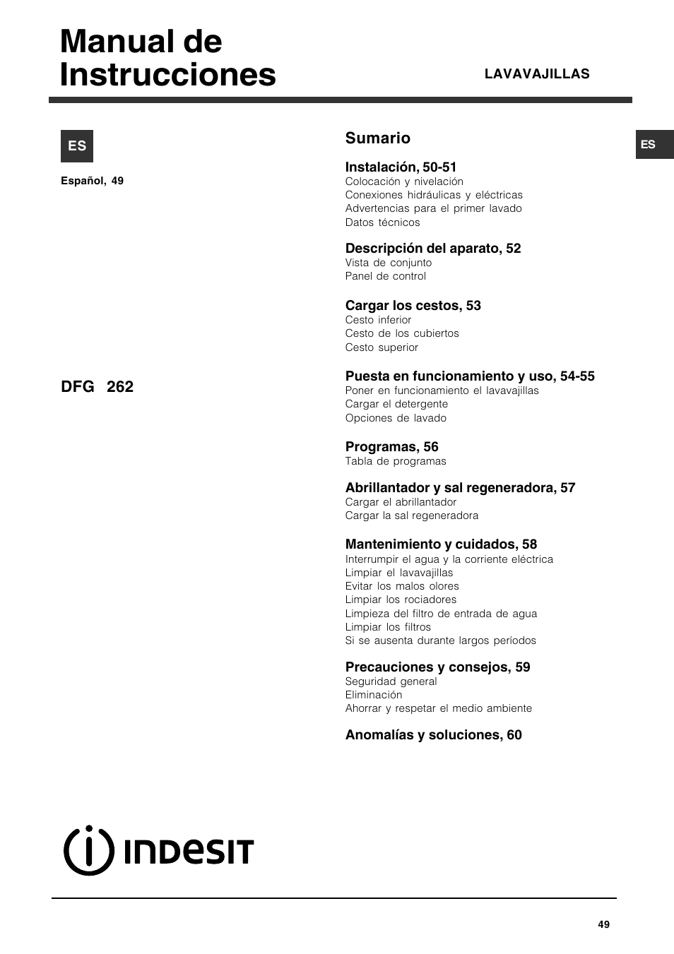 Manual de instrucciones, Sumario, Dfg 262 | Indesit DFG 262 User Manual | Page 49 / 84