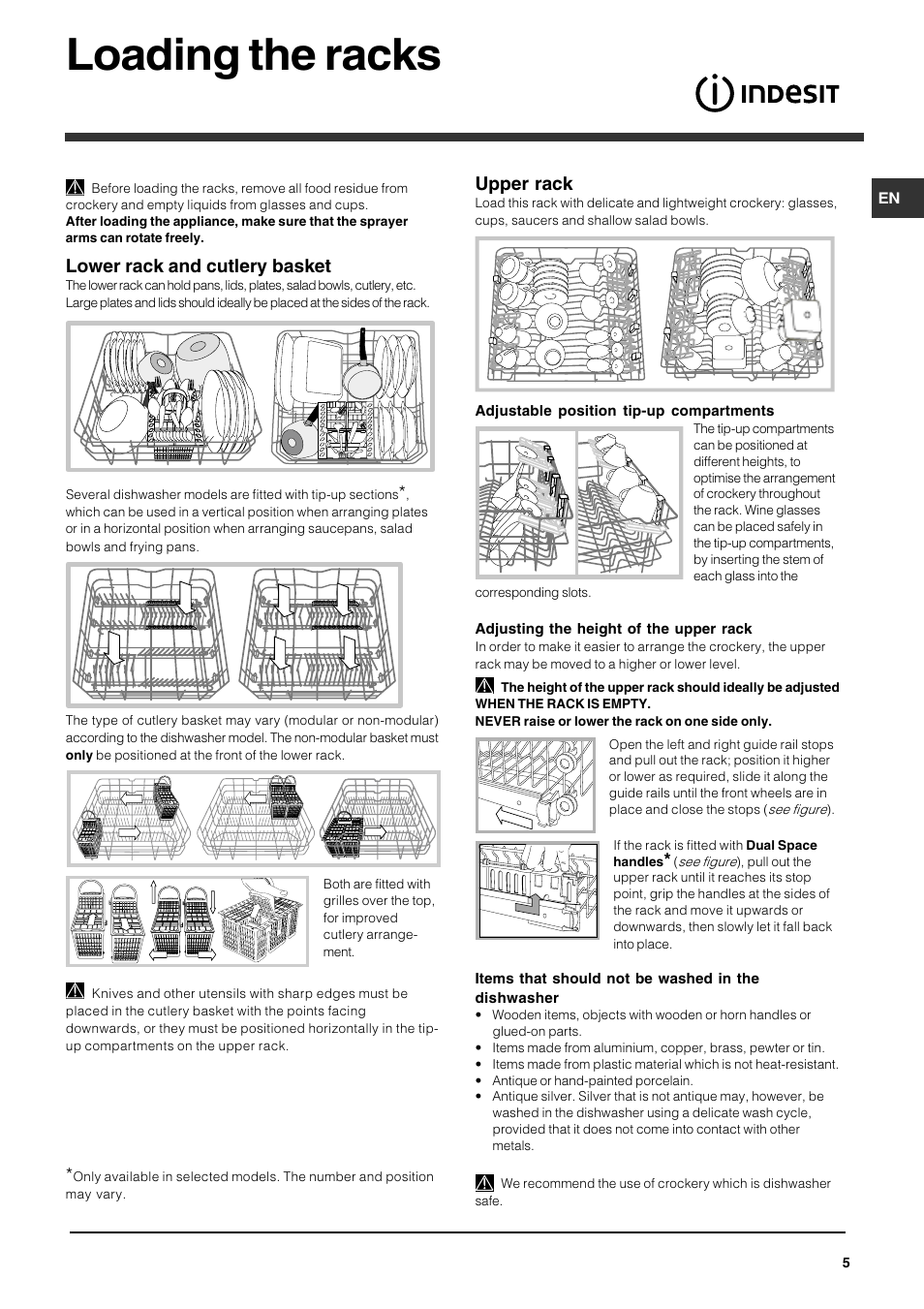 Loading the racks, Lower rack and cutlery basket, Upper rack | Indesit DFG 262 User Manual | Page 5 / 84