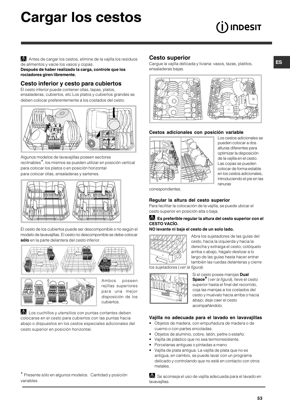 Cargar los cestos, Cesto superior, Cesto inferior y cesto para cubiertos | Indesit DFG 262 User Manual | Page 53 / 84