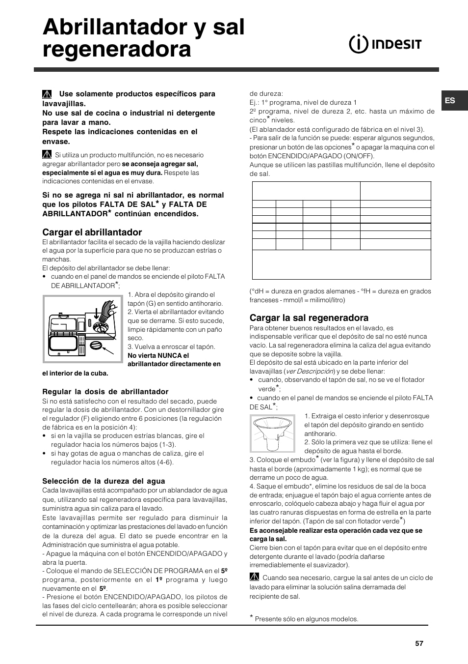 Abrillantador y sal regeneradora, Cargar el abrillantador, Cargar la sal regeneradora | Indesit DFG 262 User Manual | Page 57 / 84