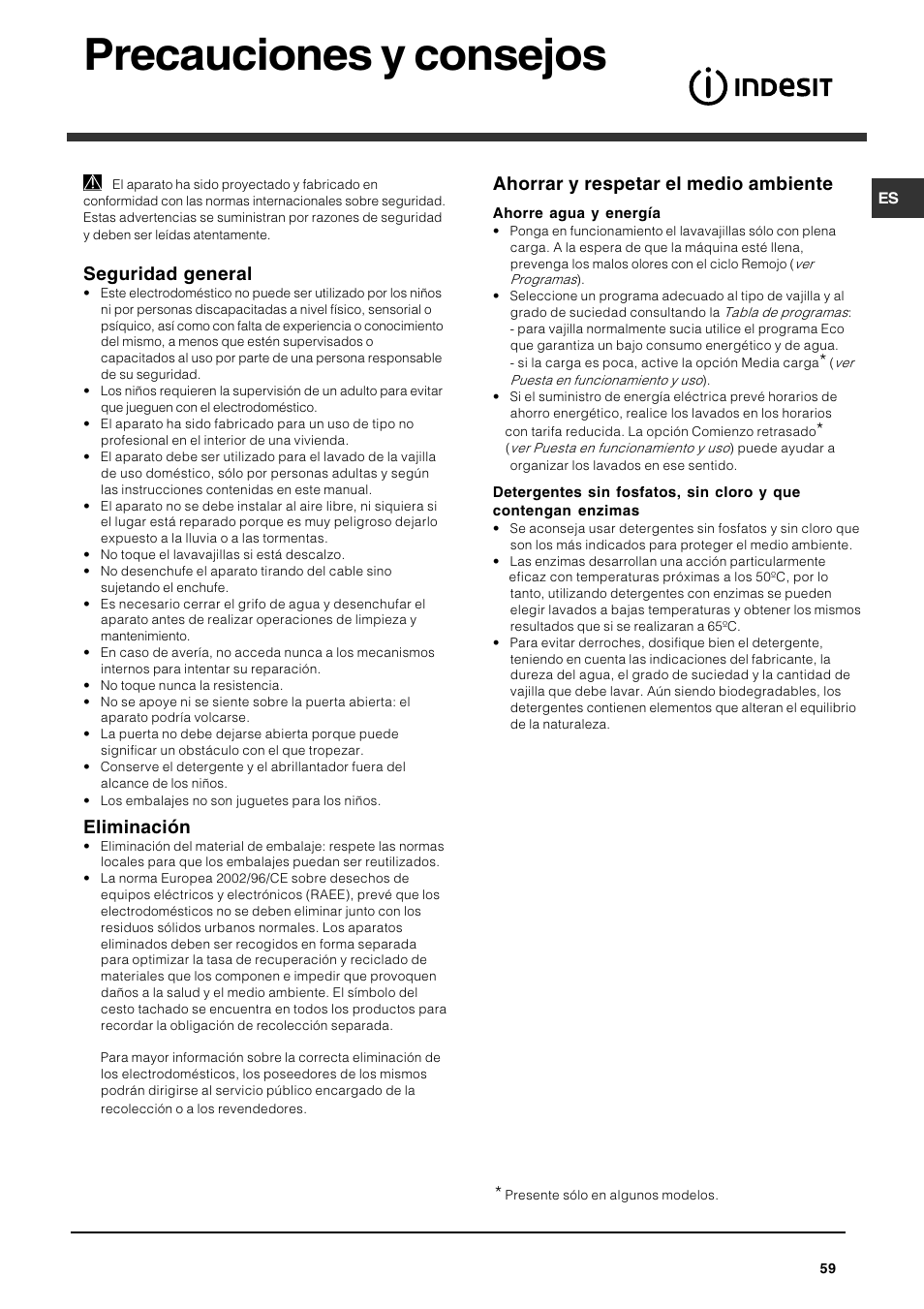 Precauciones y consejos, Seguridad general, Eliminación | Ahorrar y respetar el medio ambiente | Indesit DFG 262 User Manual | Page 59 / 84