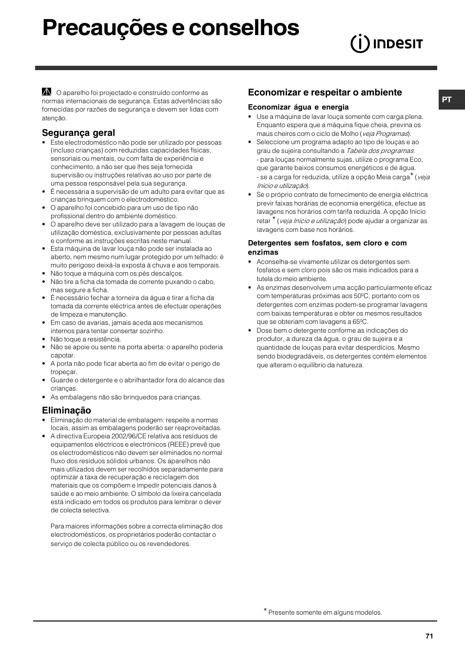 Precauções e conselhos, Segurança geral, Eliminação | Economizar e respeitar o ambiente | Indesit DFG 262 User Manual | Page 71 / 84