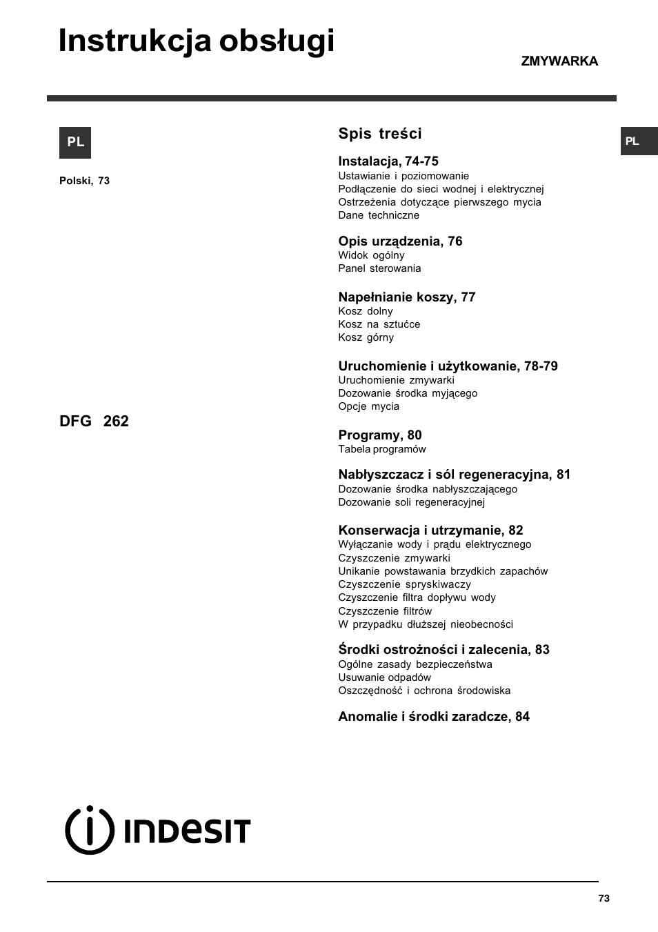 Instrukcja obs³ugi, Spis treci, Dfg 262 | Indesit DFG 262 User Manual | Page 73 / 84