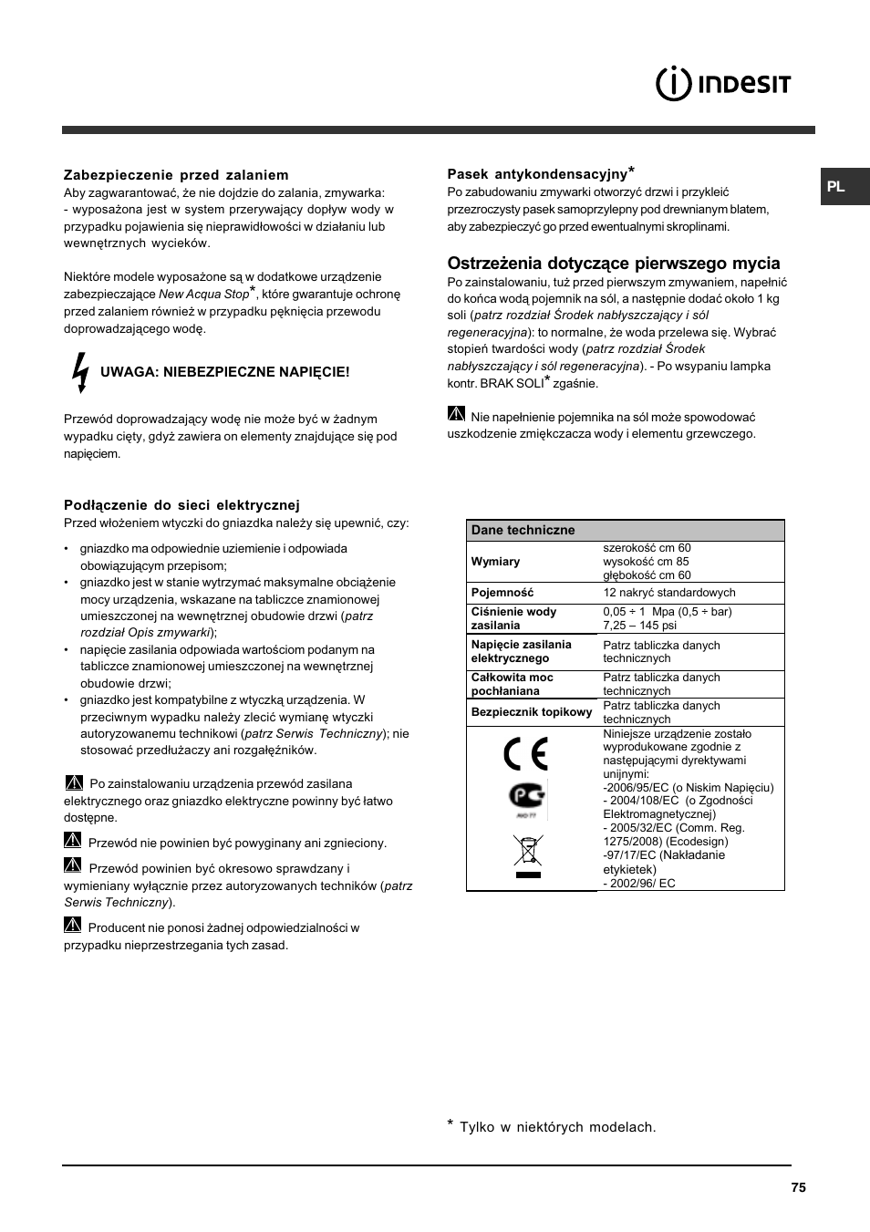 Ostrze¿enia dotycz¹ce pierwszego mycia | Indesit DFG 262 User Manual | Page 75 / 84