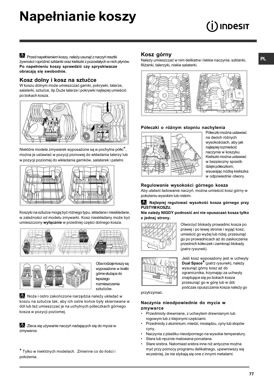 Nape³nianie koszy, Kosz dolny i kosz na sztuæce, Kosz górny | Indesit DFG 262 User Manual | Page 77 / 84
