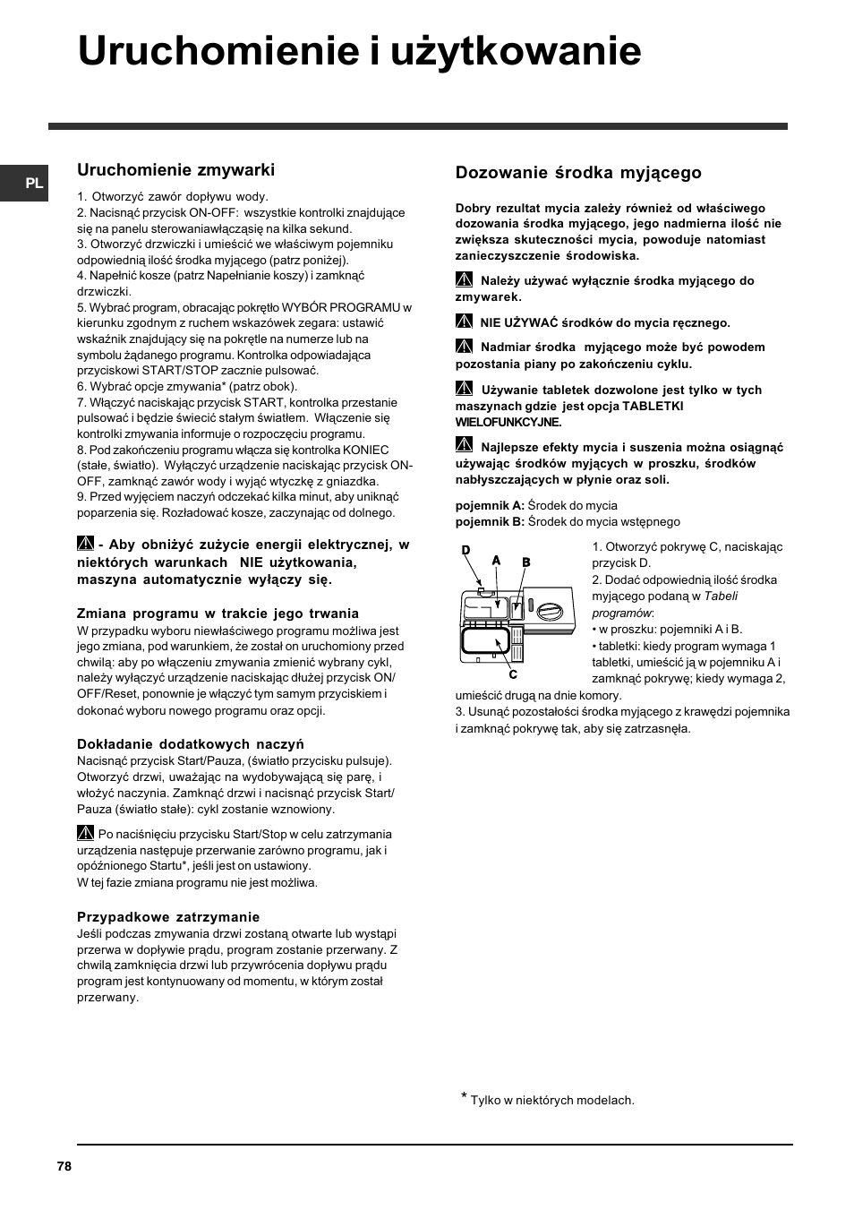 Uruchomienie i u¿ytkowanie, Dozowanie rodka myj¹cego, Uruchomienie zmywarki | Indesit DFG 262 User Manual | Page 78 / 84