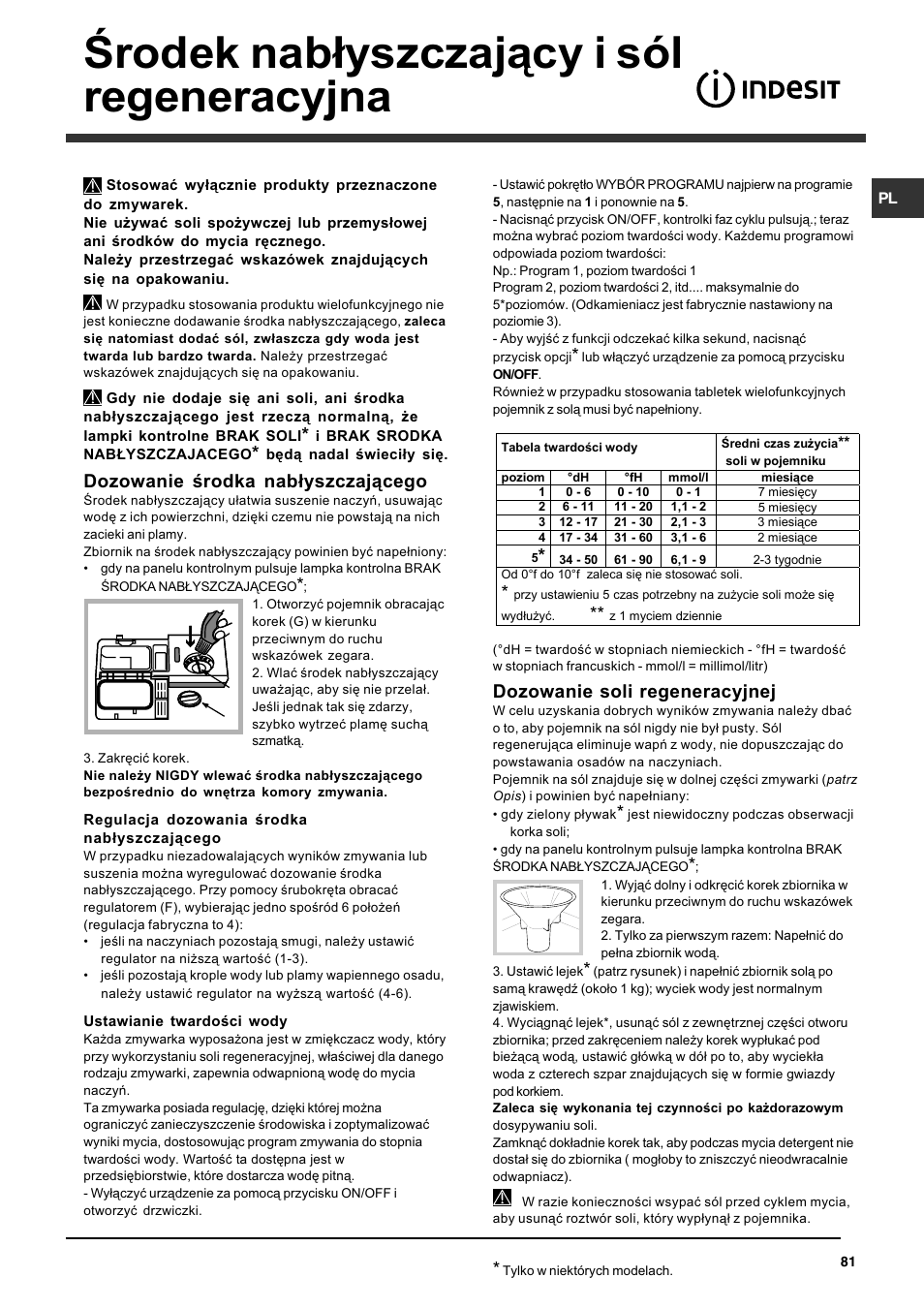 Rodek nab³yszczaj¹cy i sól regeneracyjna, Dozowanie rodka nab³yszczaj¹cego, Dozowanie soli regeneracyjnej | Indesit DFG 262 User Manual | Page 81 / 84