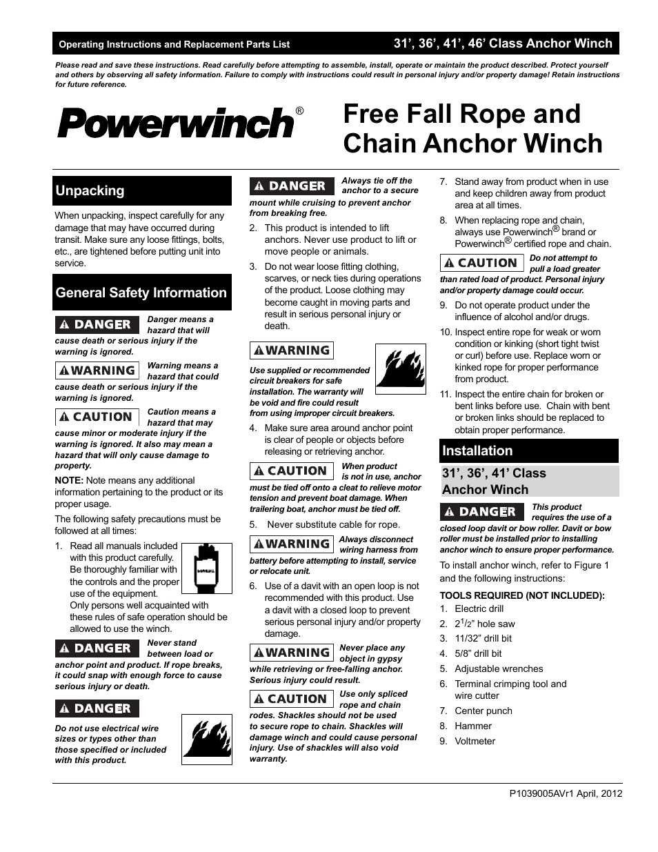 Powerwinch Class 46' User Manual | 13 pages