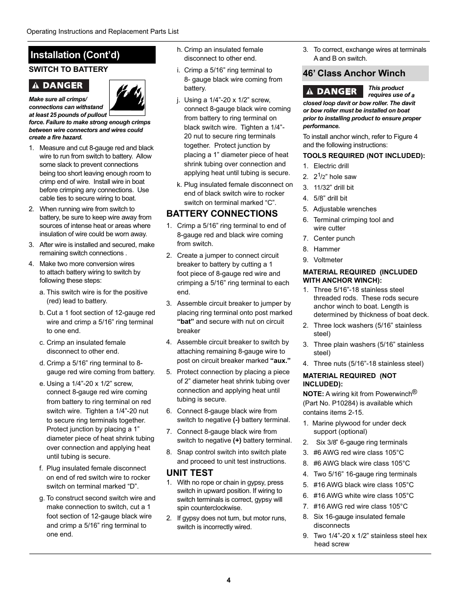 Installation (cont’d), Battery connections, Unit test | 46’ class anchor winch | Powerwinch Class 46' User Manual | Page 4 / 13