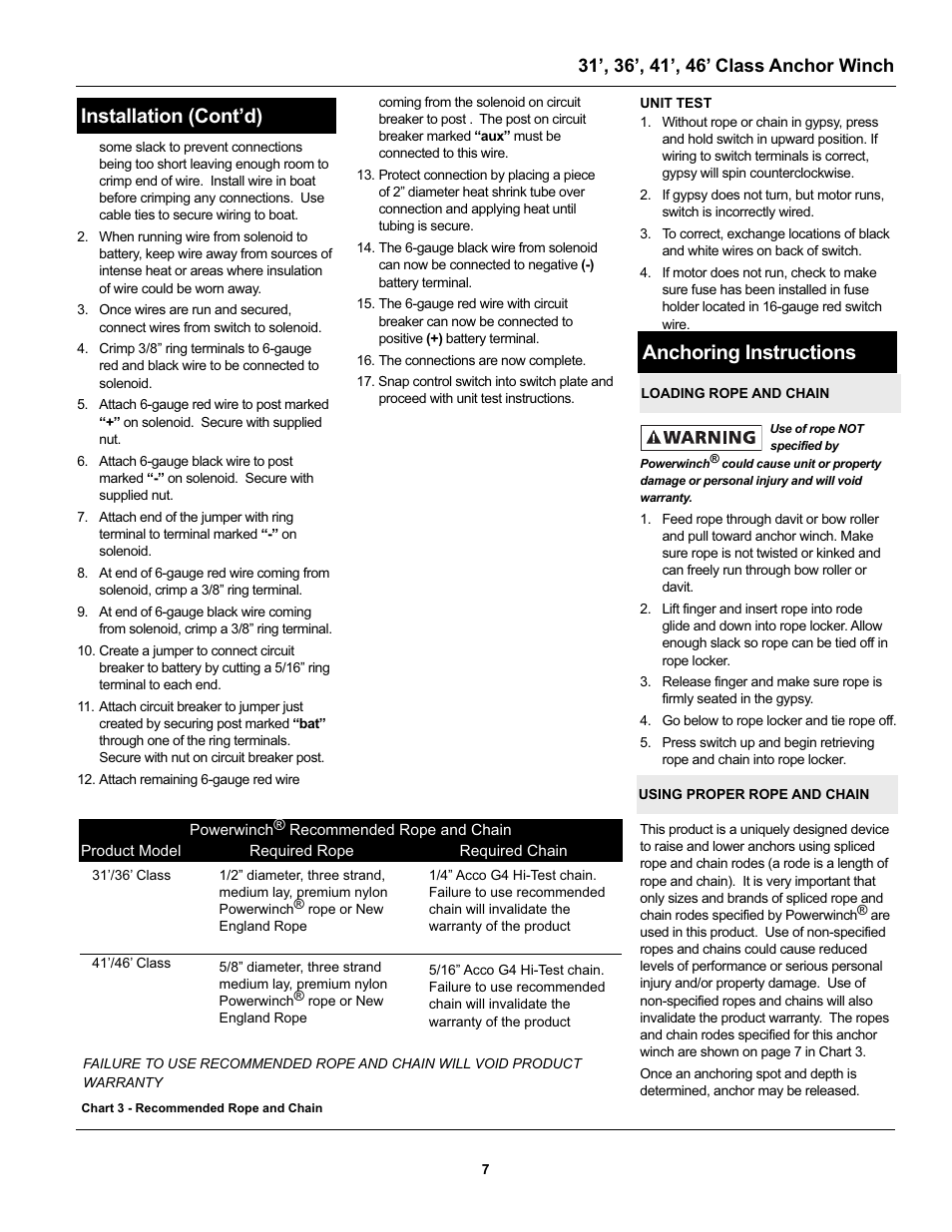 Installation (cont’d), Anchoring instructions | Powerwinch Class 46' User Manual | Page 7 / 13