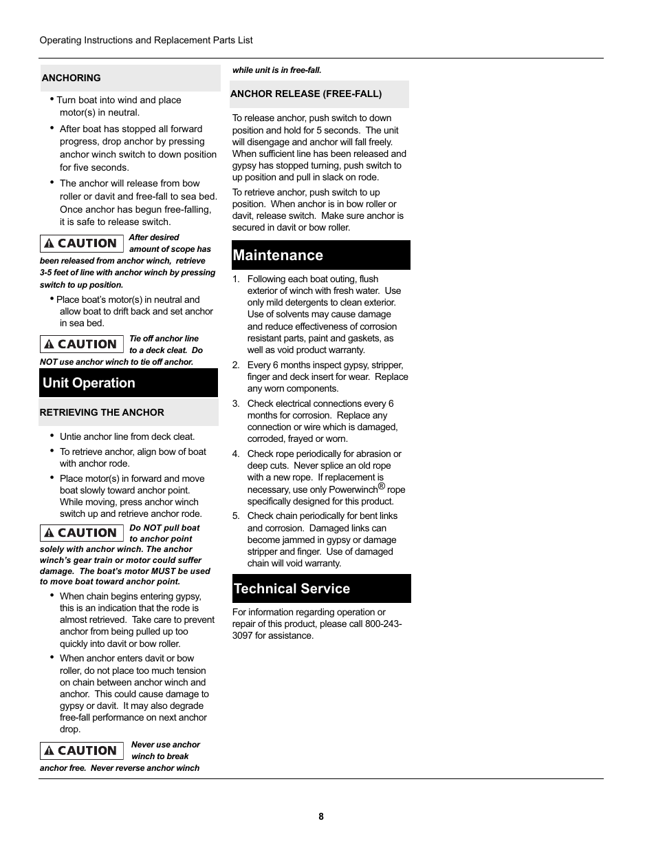 Maintenance, Unit operation, Technical service | Powerwinch Class 46' User Manual | Page 8 / 13