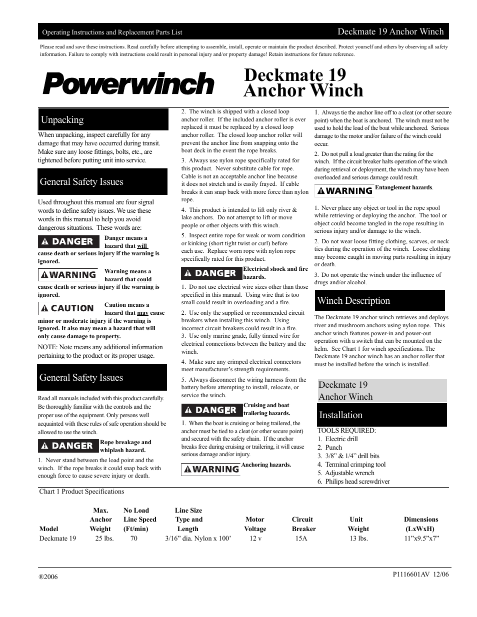 Powerwinch Deck Mate 19 User Manual | 8 pages