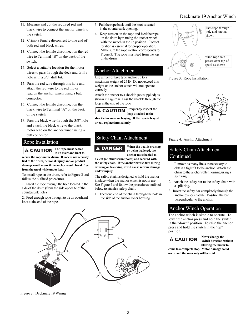 Rope installation, Anchor attachment, Safety chain attachment continued | Anchor winch operation, Safety chain attachment, Deckmate 19 anchor winch | Powerwinch Deck Mate 19 User Manual | Page 3 / 8