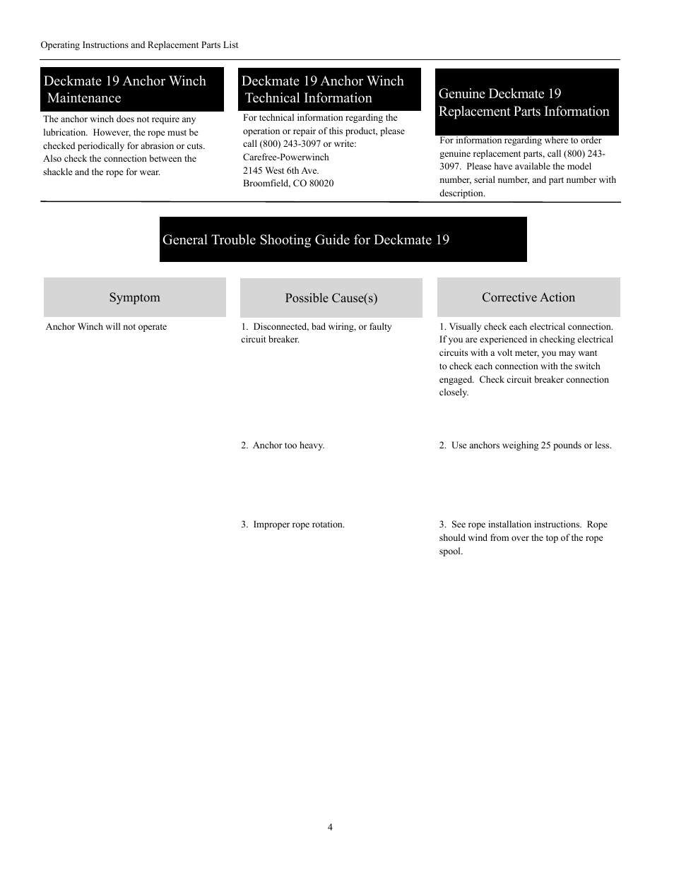 Deckmate 19 anchor winch maintenance, Deckmate 19 anchor winch technical information, Genuine deckmate 19 replacement parts information | General trouble shooting guide for deckmate 19 | Powerwinch Deck Mate 19 User Manual | Page 4 / 8