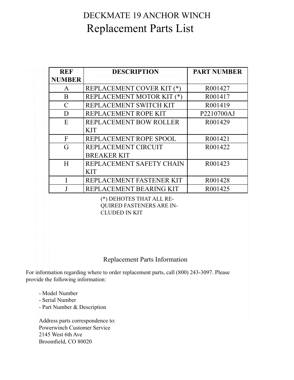 Replacement parts list, Deckmate 19 anchor winch | Powerwinch Deck Mate 19 User Manual | Page 7 / 8